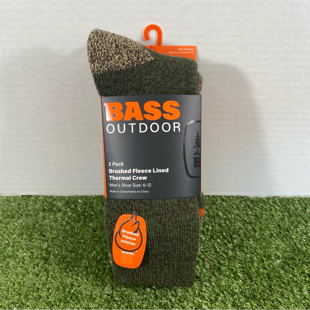 BASS Outdoor Men's Socks Brushed Fleece Lined Thermal Crew 2 Pairs Brown Green